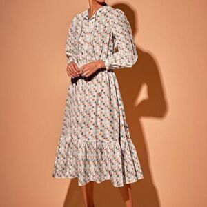 Tucker NYC Juliette Dress Blush Mint Poppies Micro in Viscose Crepe Floral Midi